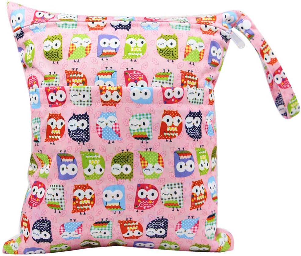 BIGBOBA Travel Portable Baby Wet/Dry Bag Diapers Wet Bags, Double Zippered Waterproof, Washable Reusable Cloth Bags, Cartoon Owl Pattern, 30 * 36CM