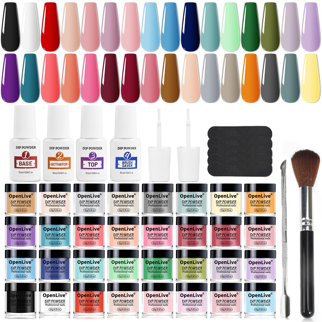 Photo 1 of Openlive 32 Color Dip Nail Powder Starter Kit 36 Bottle Blue Cheese Yellow Nail Dip Powder Kit with Base Top Coat Activator for French Nail Art Manicure DIY Salon