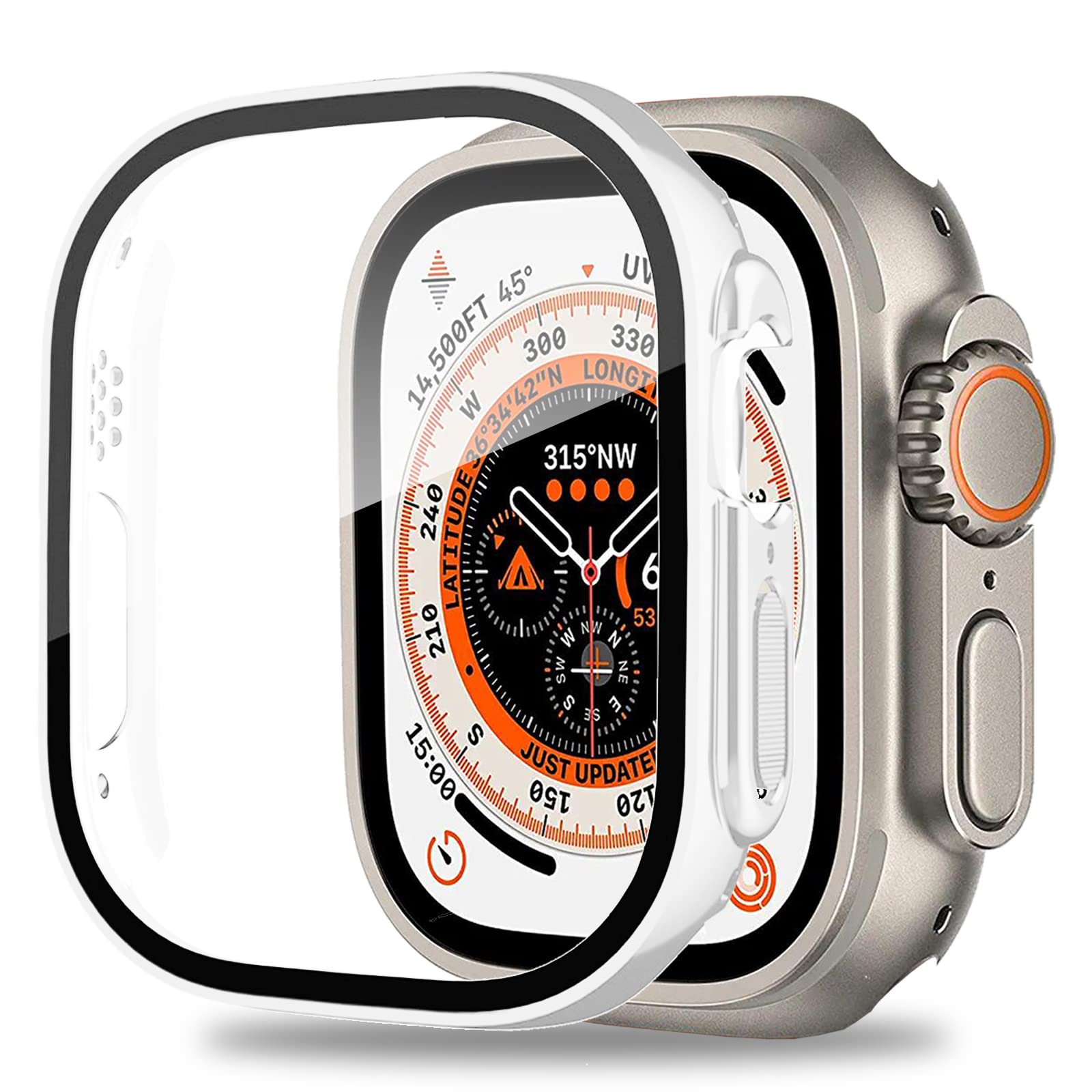 Miimall Compatible with Apple Watch Ultra 49mm Case Tempered Glass Screen Protector, Ultra-Thin Hard PC Shockproof All-Around Bumper Shell Protective Cover for iWatch Ultra 49mm(White)