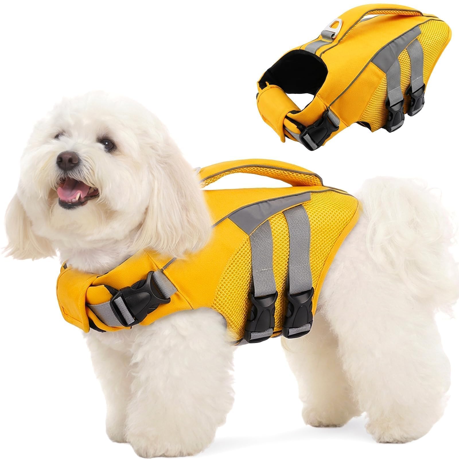 MIGOHI Dog Life Jacket, Reflective & Adjustable Preserver Floatation Vest with Rescue Handle, Ripstop Safety Life Saver for Small Medium Large Dogs, Yellow, XS