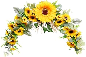 ASSR Articifical Sunflower Swag,23 Inch Rustic Artificial Floral Swag,Farmhouse Door Wall Hanging Wreath,Handmade Garland Decorative Swag with Sunflower and Green Leaves for Wedding Arch Front Door