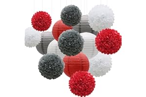 KAXIXI Hanging Party Decorations Set, 15pcs Red Gray White Paper Flowers Pom Poms Balls and Paper Lanterns for Wedding Birthday Bridal Baby Shower Graduation