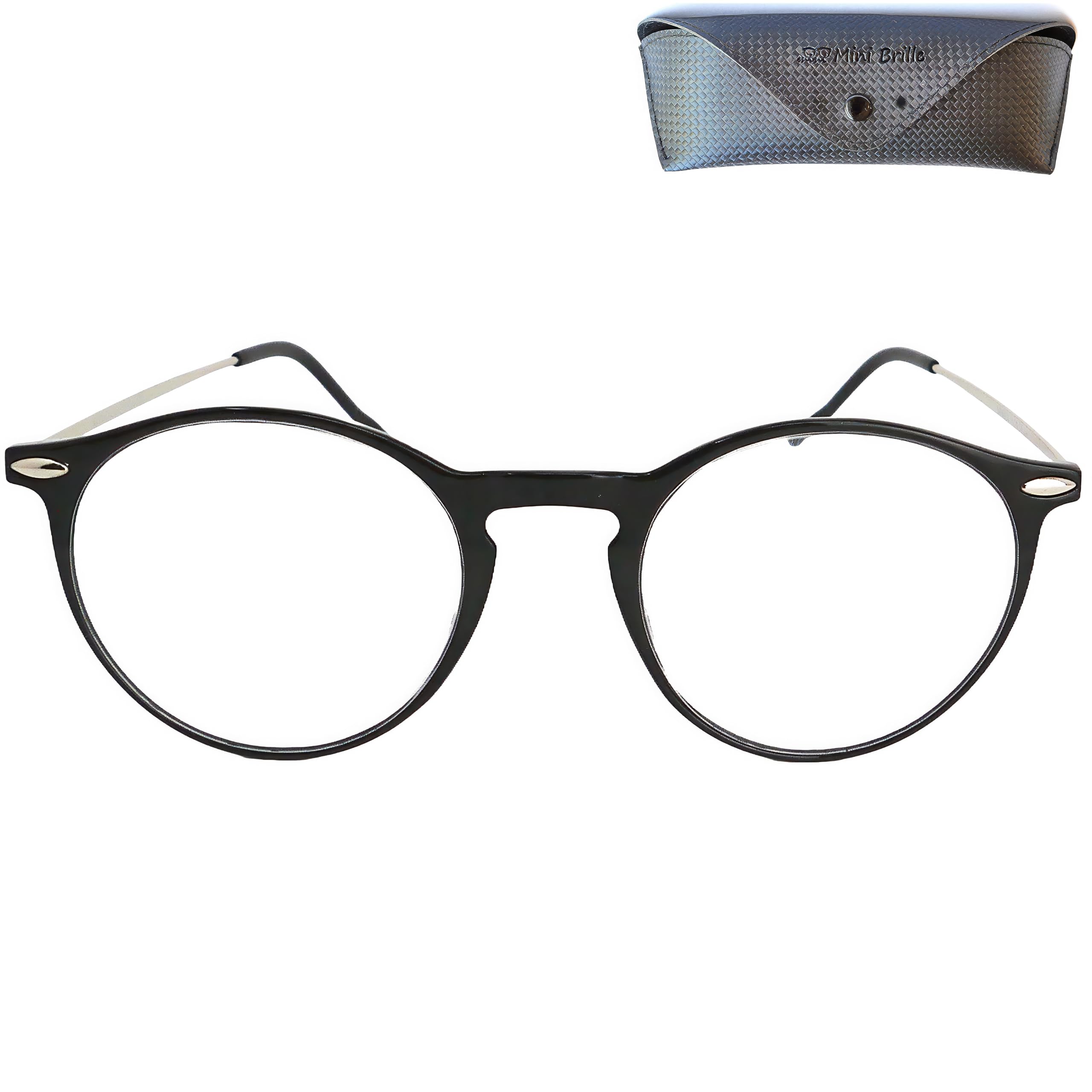 Mini Brille - Round Lightweight Reading Glasses, FREE Case, Plastic Frame (Black) with Metal Temples, Reading Aid Men and Women +1.50 Magnification