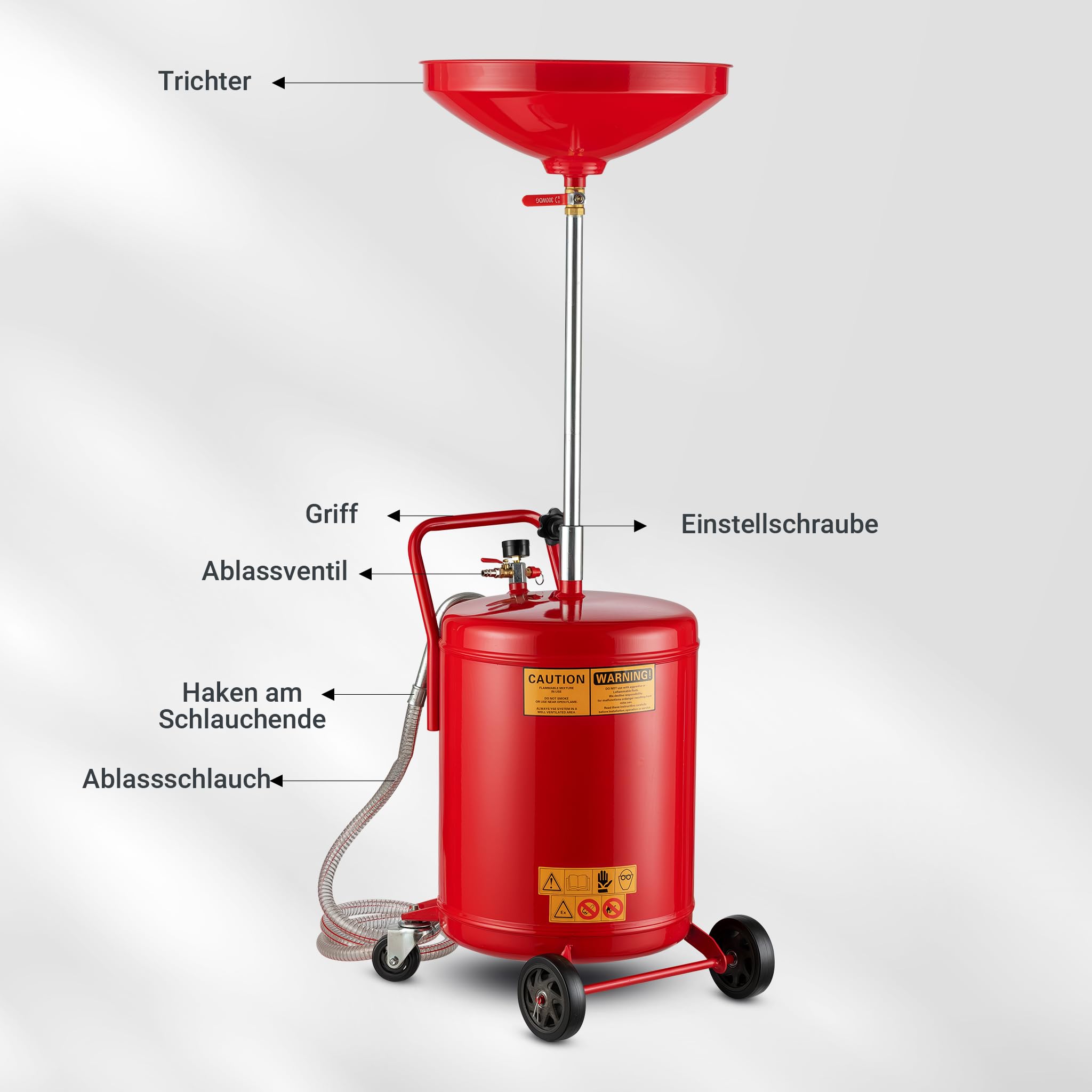 Wiltec Ölauffanggerät für 68l, höhenverstellbar 98-157cm mit 4-Rad-Fahrwerk, Entleerung mittels Luftdruck 8