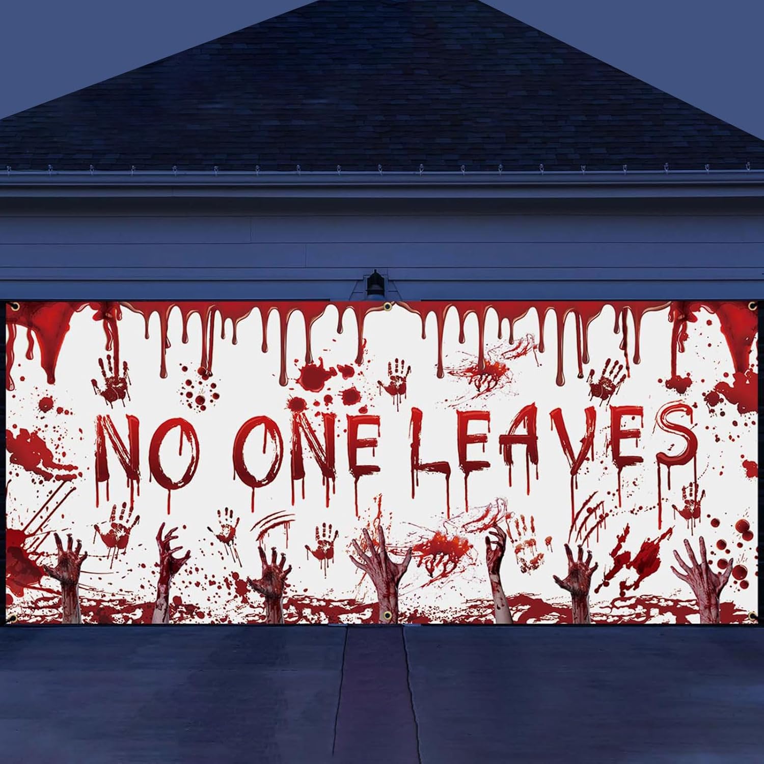 Garage Door Decorations - DARUNAXY Halloween Garage Door Decorations, 16X7ft Halloween Red Scary No One Leaves Garage Door Banner Backdrop Horror Handprint Fake Broken Hands Dismember Zombie Vampire Party Supplies for Outdoor