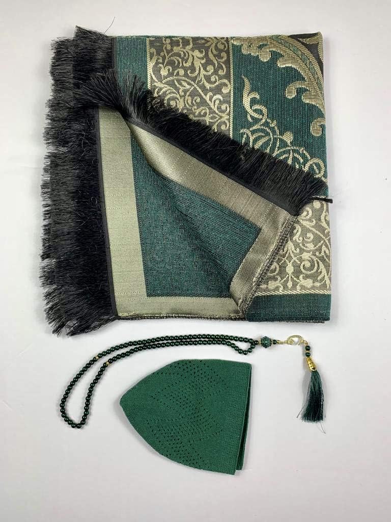 Muslim Prayer Rug Salah Carpet Sajjadah Janamaz with Tasbih and Takke Kufi Cap