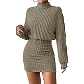 AUXDIO Women's Mock Neck Sweater Dress Fall Long Lantern Sleeve Bodycon 2026 Pullover Mini Short Dresses