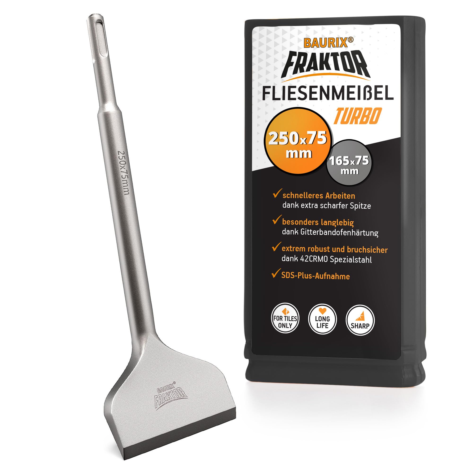 BAURIX® SDS Plus Tile Chisel [250x75 mm] | FRAKTOR® System | Heavy Duty Tile Removal Chisel for Wall and Floor Tiles | Made from 42CrMo Steel | SDS Plus Chisel for Adhesive & Tile Removal