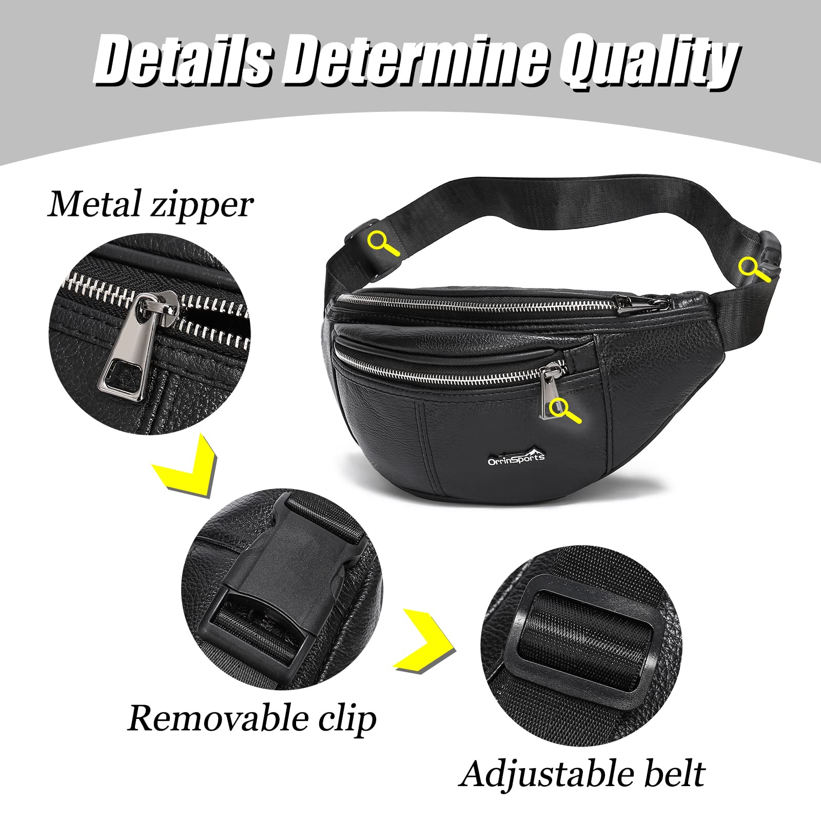 OrrinSports Black Fanny Pack for Men Genuine Leather Waist Bag Multiple Pockets Metal Zippers Belt Bag for Travel Hiking Cycling Fishing
