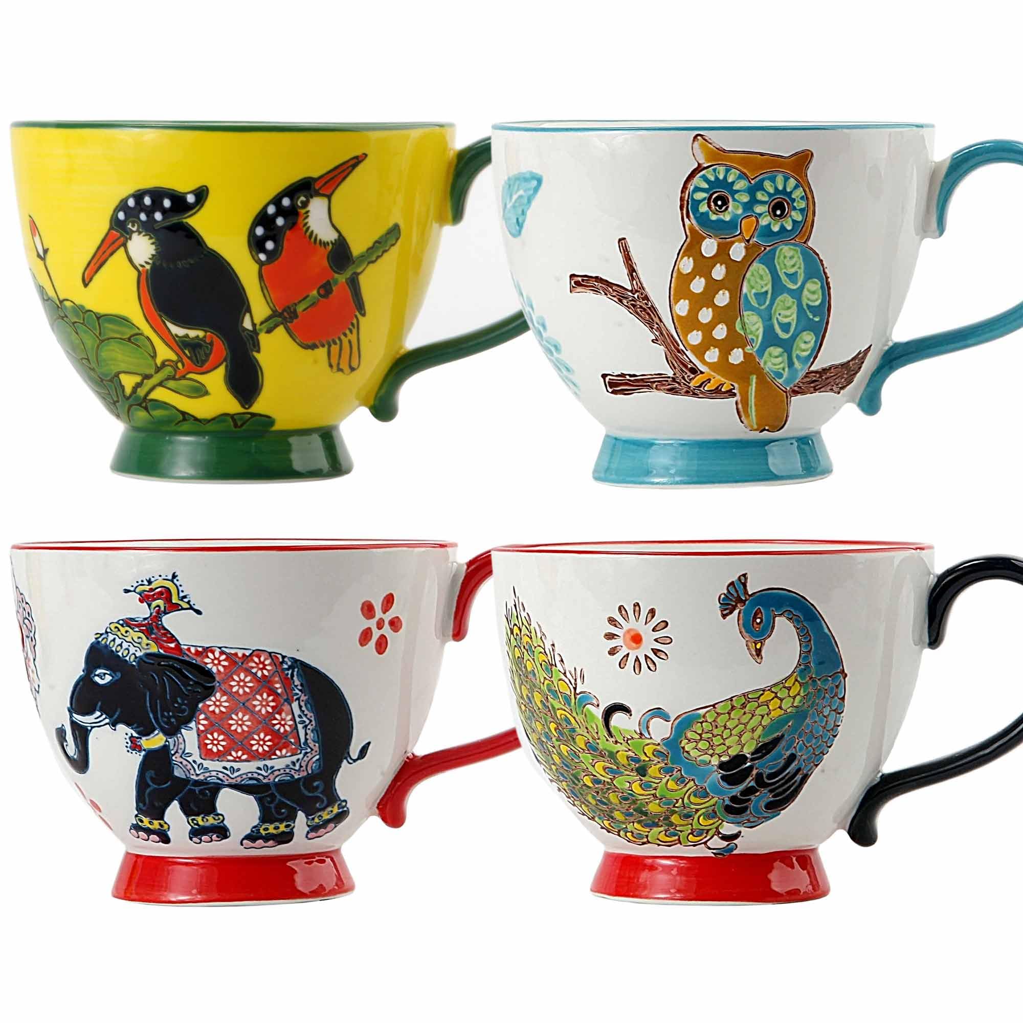 superyes Large Coffee Mugs Sets of 4, 15oz Footed Coffee Cups Set for Latte Cappuccino Hot Chocolate, Hand-Painted Peacock，Elephant，Toucan，Owl Farmhouse Pattern