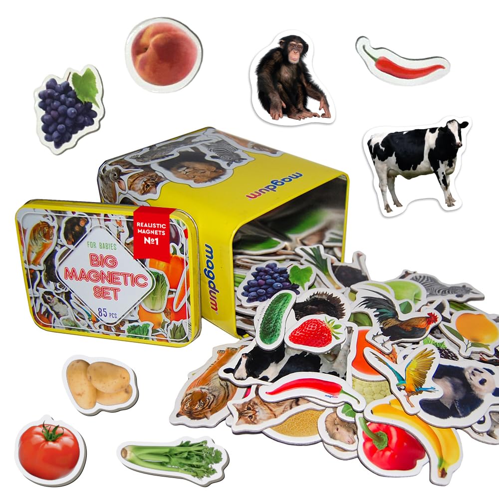 Animal Fruit & Vegetable Magnets for Kids - Magdum - 85 Large Fridge Magnets in Storage Tin - Educational Learning Toy for Toddlers - Vocabulary & Early Learning Set - Strong Safe Durable Magnets