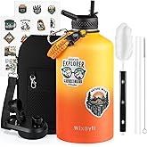 WixByti One Gallon Water Bottle Insulated, Triple Wall Vacuum Cold for 48 Hrs & Leak-proof & Non-BPA, 128oz Large Sports Stainless Steel Water Jug with Paracord Handle Straw Spout Lids & DIY Stickers