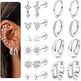 GEMQUEEN Flat Back Earrings : Hypoallergenic 14K Gold Plated Surgical Steel Earrings for Sensitive Ears - Chunky Hoop Huggies Earring Dainty Cartilage Helix Muliple Piercing Jewelry for Women Men