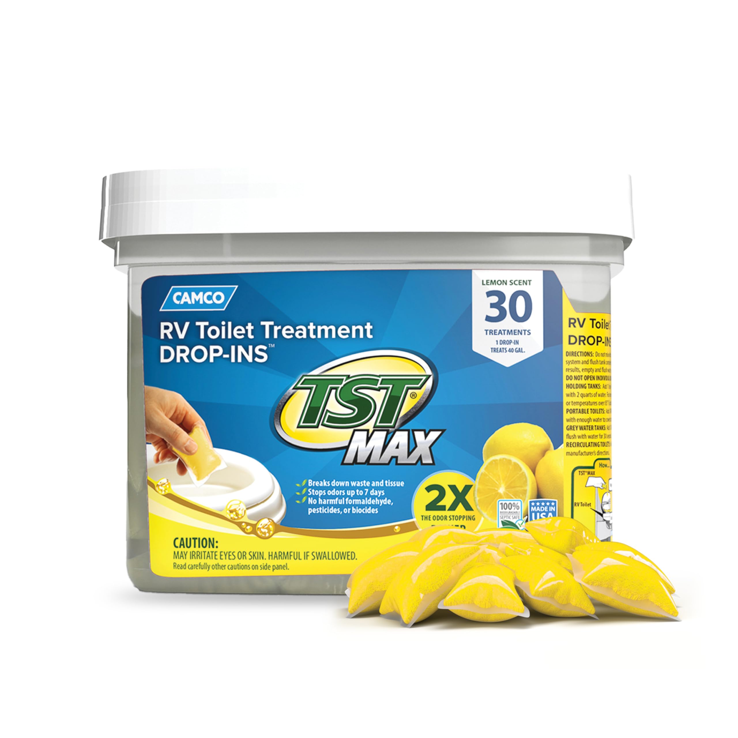 Camco TST MAX RV Toilet Treatment Drop-INs - Control Unwanted Odors & Break Down Waste and Tissue - Safe Septic Tank Treatment - Lemon Scent - 30-Count (41577)