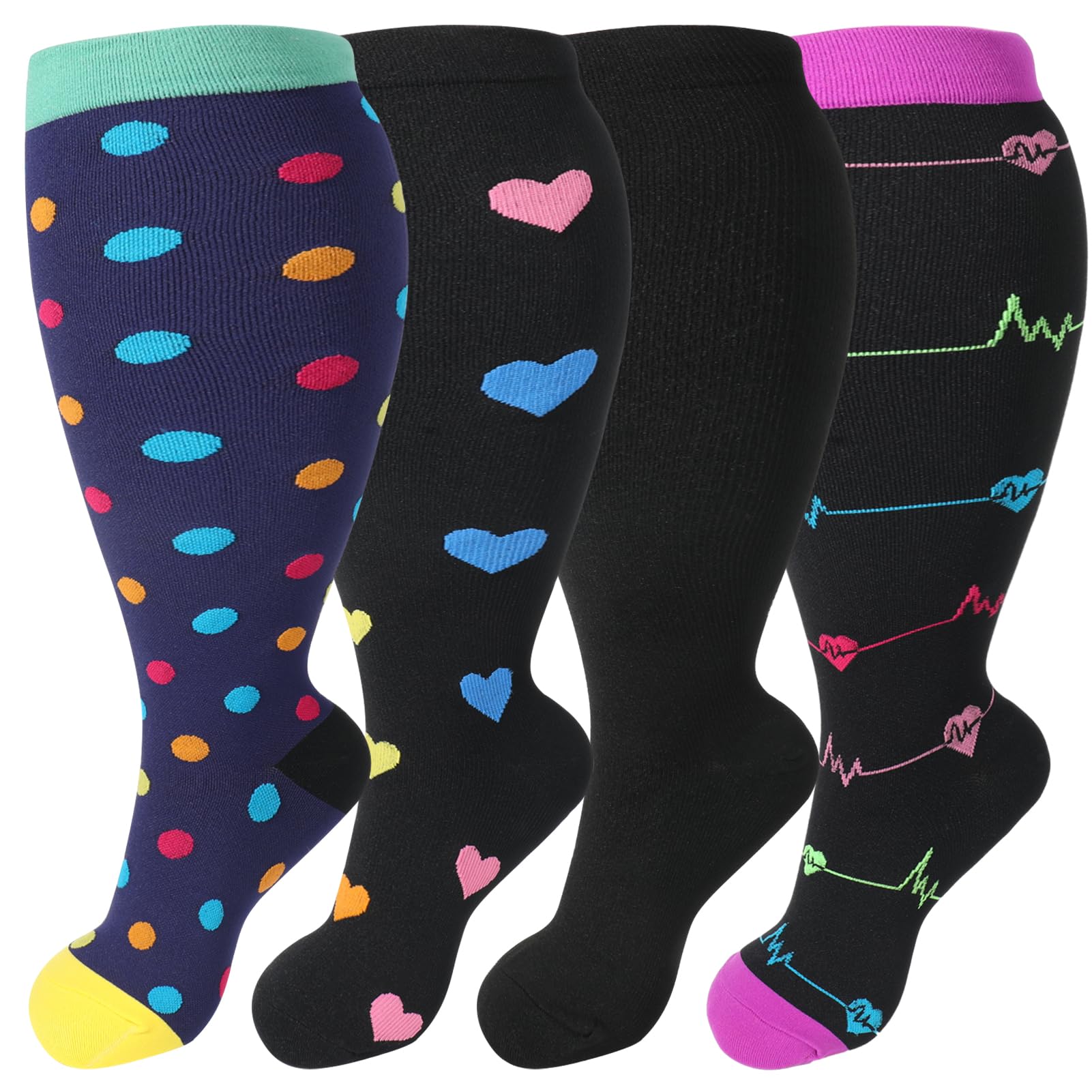 Radsocken 4 Pairs of Compression Socks for Women, 2XL Plus Size Wide Calf Compression Socks for Flying, Pregnancy, Running & Nursing Circulation Support