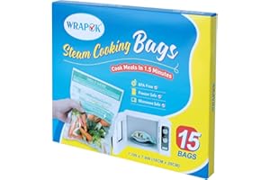 WRAPOK Microwave Steamer Bags 15 Pack Zip Steam Vegetable Cooking Bag for Potatoes Meat, 7.1 X 7.9 Inches