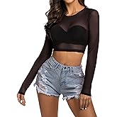 Avidlove Women Mesh Crop Top Long Sleeve See Through Shirt Sheer Blouse O Neck Clubwear S-4XL