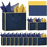 Epoesch 12 Pack Metallic Paper Gift Bags with Handles – Includes 24 Tissue Paper – 11.8"x10"x4" – Elegant 5 Senses Gift Bags for Wedding, Bridesmaids, Groomsmen, Guests, Valentine's Day, Easter (Navy Blue, Gold)