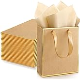 Yeaqee 24 Pack Metallic Paper Gift Bags with Handle and Tissue 9x7x3.1 Gold Foil Welcome Thank You Favor Bags Return Gifts for Wedding St. Patrick's 5 Senses Bridesmaid Birthday(Kraft, Gold)