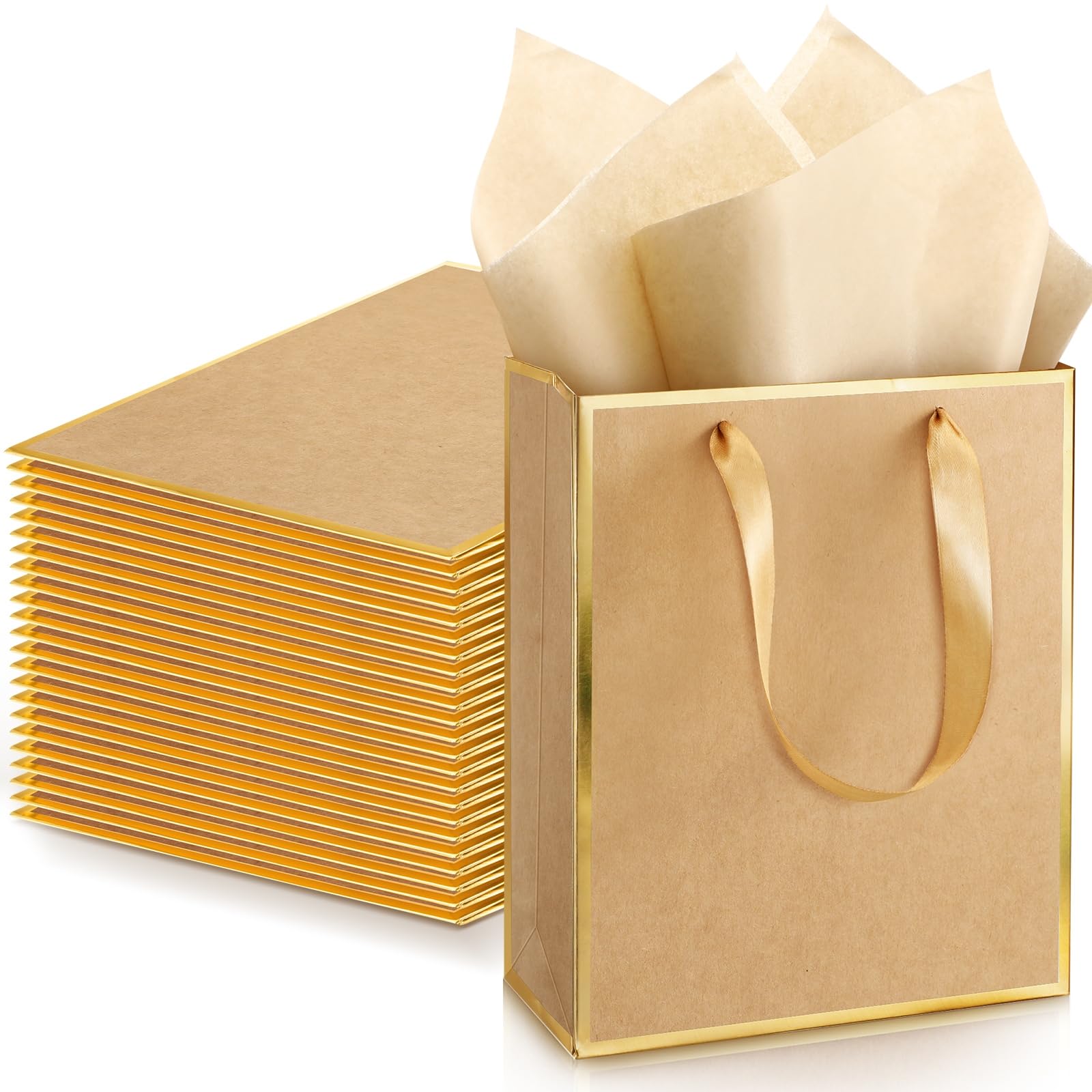 Photo 1 of Yeaqee 24 Pack Metallic Paper Gift Bags with Handle and Tissue 9x7x3.1 Gold Foil Welcome Favor Bags Return Gifts for Wedding Fall 5 Senses Christmas Bridesmaid Birthday(Kraft, Gold)
