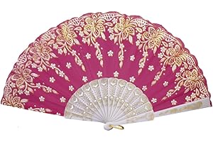 Ruilogod Flower Pattern Plastic Frame Folding Hand Fan White Fuchsia