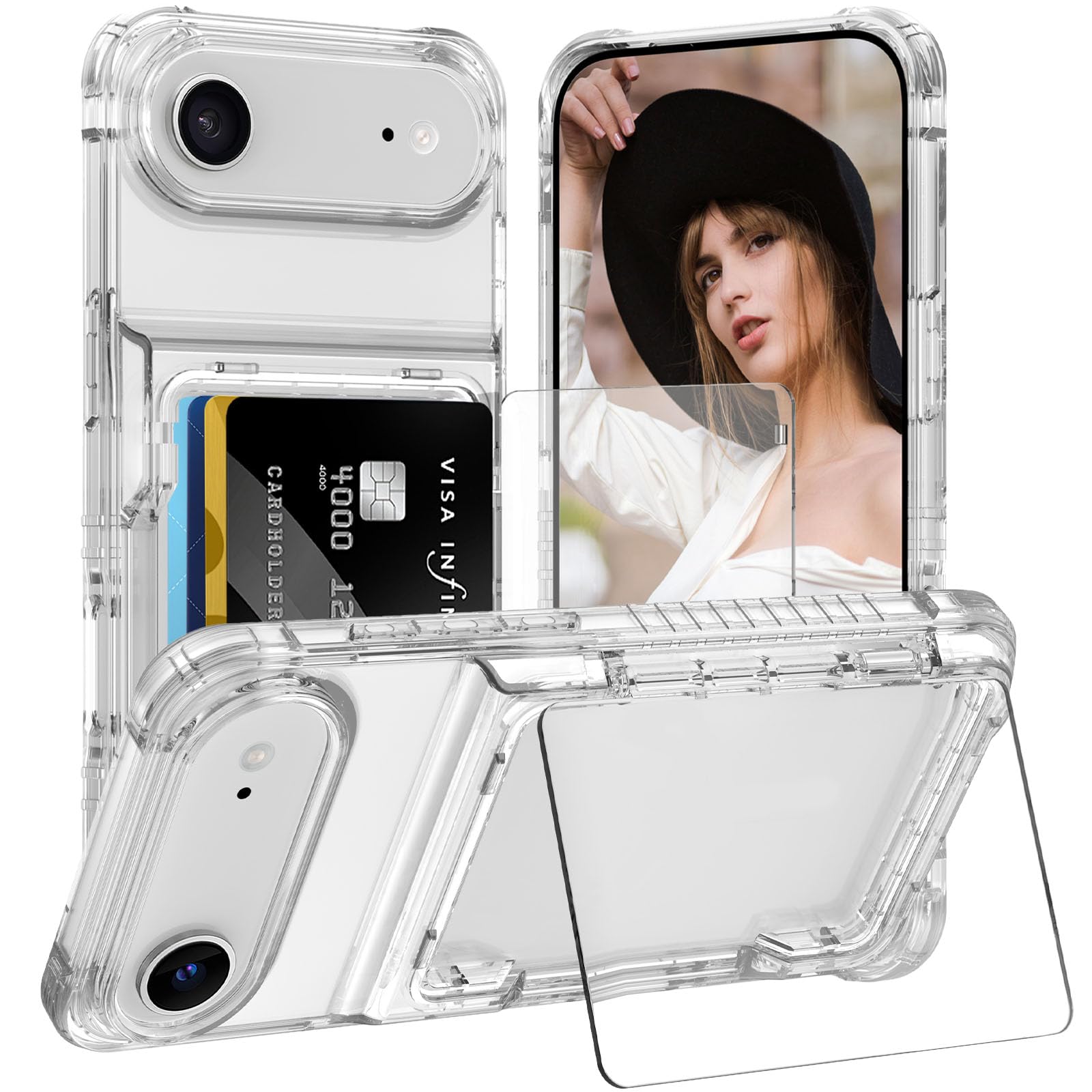AFGHOA for iPhone Air 6.5 Case Wallet with Kickstand, 4 Cards Holder Clear Case for Women Men, Yellowing Resistant Transparent TPU Back Cover, Flip Wallet ID Slot Cover with Stand for iPhone 17 Air