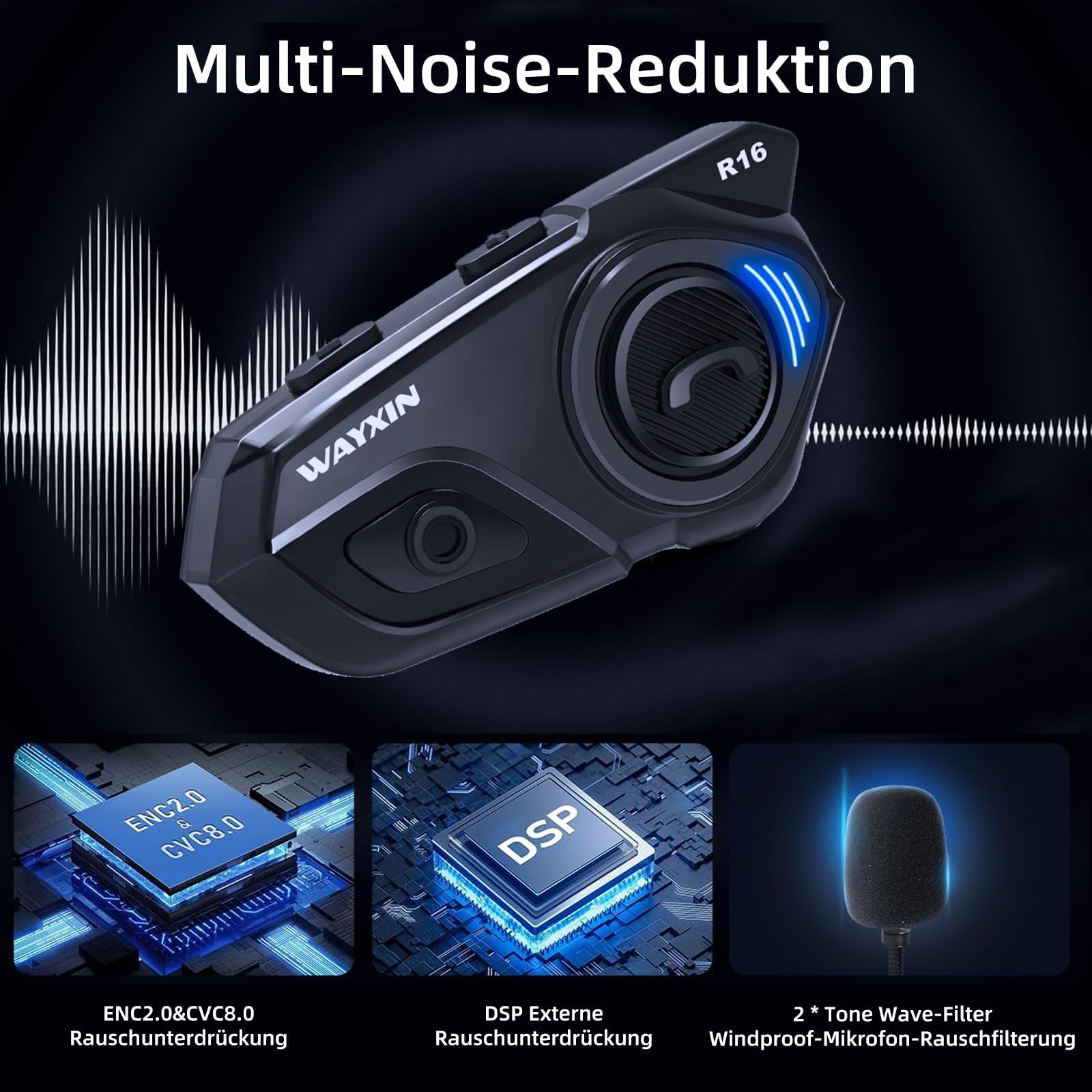 WAYXIN R16 Motorrad Bluetooth Headset –motorradhelm -Intercom mit Dual-Chip, Multi-Audio,IP67 wasserdicht, Musik teilen & FM-Radio, für 6 Personen-Gruppe – Kompatibel mit Anderen Marken