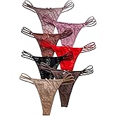 OYOANGLE Women's 7 Pack Floral Lace Panty Bow Strappy Brief Low Rise Sheer G String Thongs