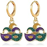 QLYOVWE Mardi Gras Hoop Earrings for Women Glitter Enamel Dangle Earrings Gold-Plated Feather Mask Jester Hat Earring Crown Carnival Cosplay Party Jewelry Gift