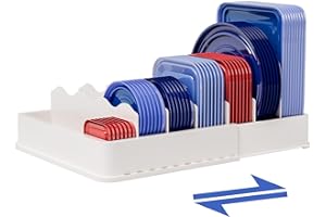 SWOMMOLY Expandable Food Storage Container Lid Organizer, Includes 6 Adjustable Dividers, 30 Preprinted and Blank Writable Labels, White