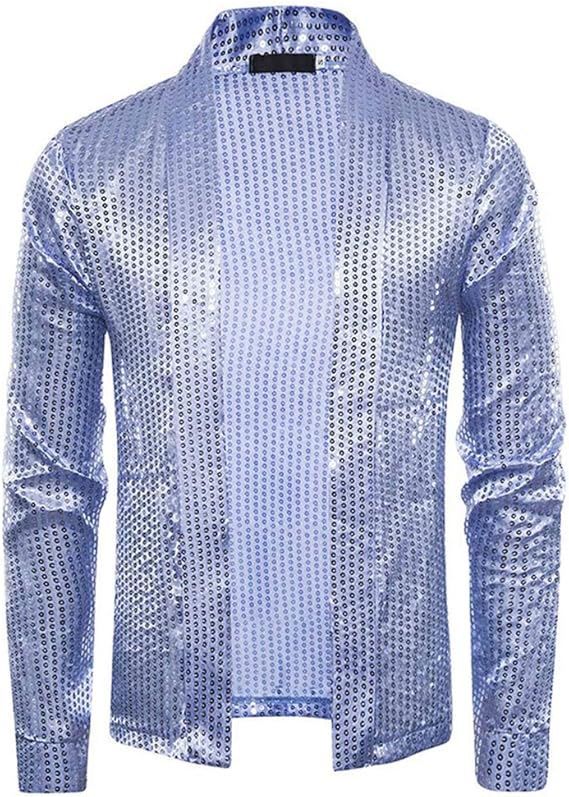 Amazon Fanituhan シャツ メンズ 柄 長袖 長袖シャツ 個性的 デザイン カーディガン 派手 ステージ衣装 スパンコール 青 シャツ 通販