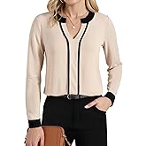 Business Casual Tops for Women - Long Sleeve V-Neck Color Block Shirt - Dressy Casual Work Blouse - Office Wear Trendy Style