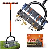 Bluesea Lawn Aerator with 16 Iron Spikes &amp; Ergonomic T-Handle, Orange | Auto dirt removal keeps tines clean, Durable metal body for easy manual soil care
