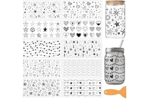 arricraft 10 Sheets Black and White Geometric Patterns UV DTF Cup Wrap for 16OZ Glass, Hearts Stars Flowers Rub on Decals PVC