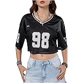 Verdusa Women's Jersey Shirts Hip Hop V Neck Short Sleeve Mesh Crop Top Graphic Tees