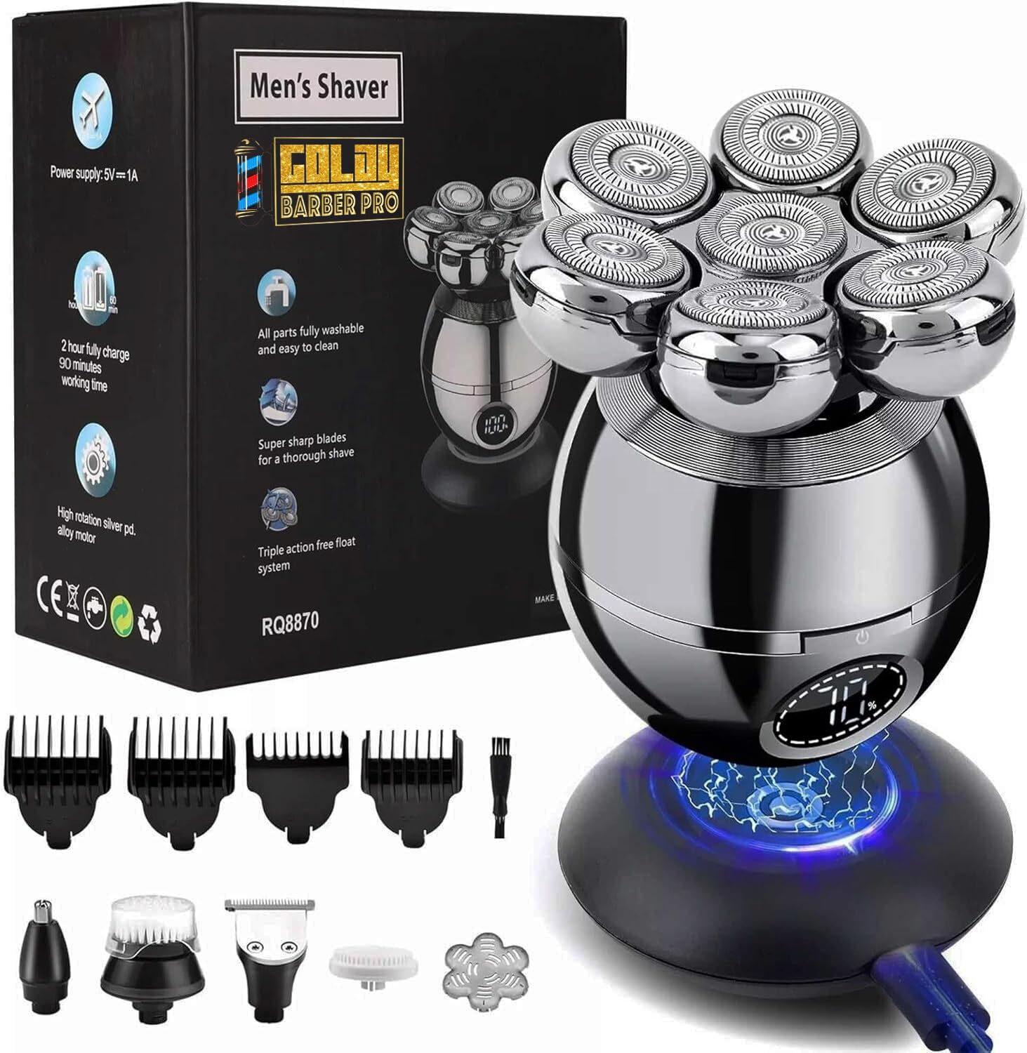 Photo 1 of GOLDY BARBER PRO 7D Floating Head Shaver for Bald Men, 5-in-1 Grooming Kit, LED Display | IPX6 Waterproof Skull Shaver, Wireless Type-C Charging | 360° Rotary Shaving, Wet/Dry, Bald Head Shaver