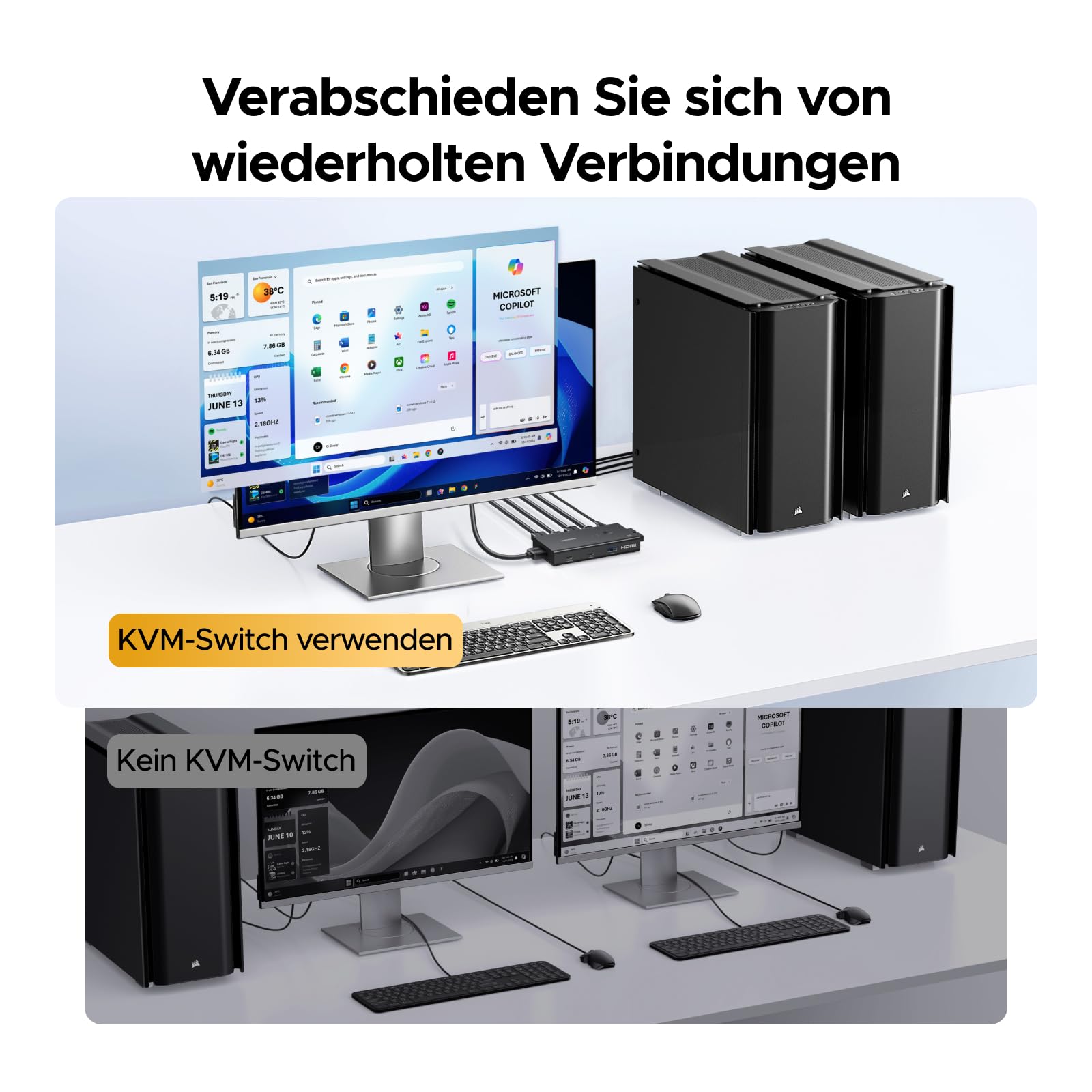 UGREEN HDMI 2.0 KVM Switch 2 PC 1 Monitor 4K@60Hz mit 4 USB 3.0 Ports(3*USB A+ USB C) Tastatur und Desktop-Controller Umschaltung Kompatibel mit Windows/Linux/MacOS 6