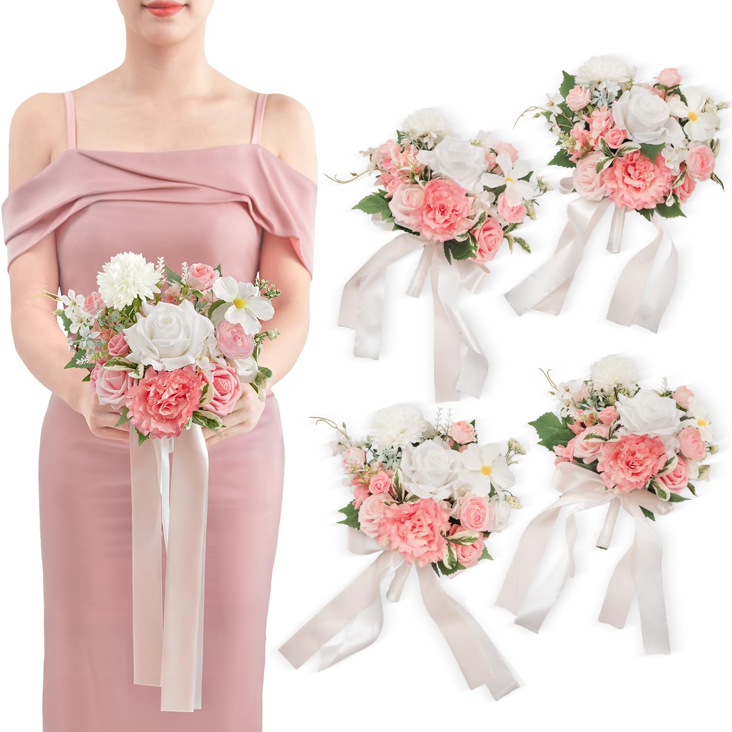 Photo 1 of (FAIR) (PARTIAL SET) TINGE TIME CoralPink Bridesmaid Bouquets Set of 4 7 Inch Wedding Bouquets Artificial Silk Flowers Bridal Bouquets for Bridesmaids, Wedding Decor, Anniversary, Party