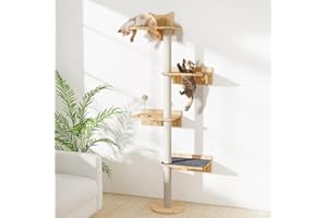 CHUIENDI Wall Mounted Cat Tree with 2pcs Non-Slip Carpet, 63" Tall Sisal Scratching Post and Cat Shelves Perch with Wood Track Toy Ball, Cat Wall Shelf ClimbingTower for Indoor Middle Large Kitten