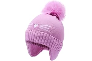 ACTLATI Kids Beanie with Ear Flaps for Boys Girls Pom Knit Hats Fleece Lining Winter Outdoor Skull Snow Ski Cap Age 2-10