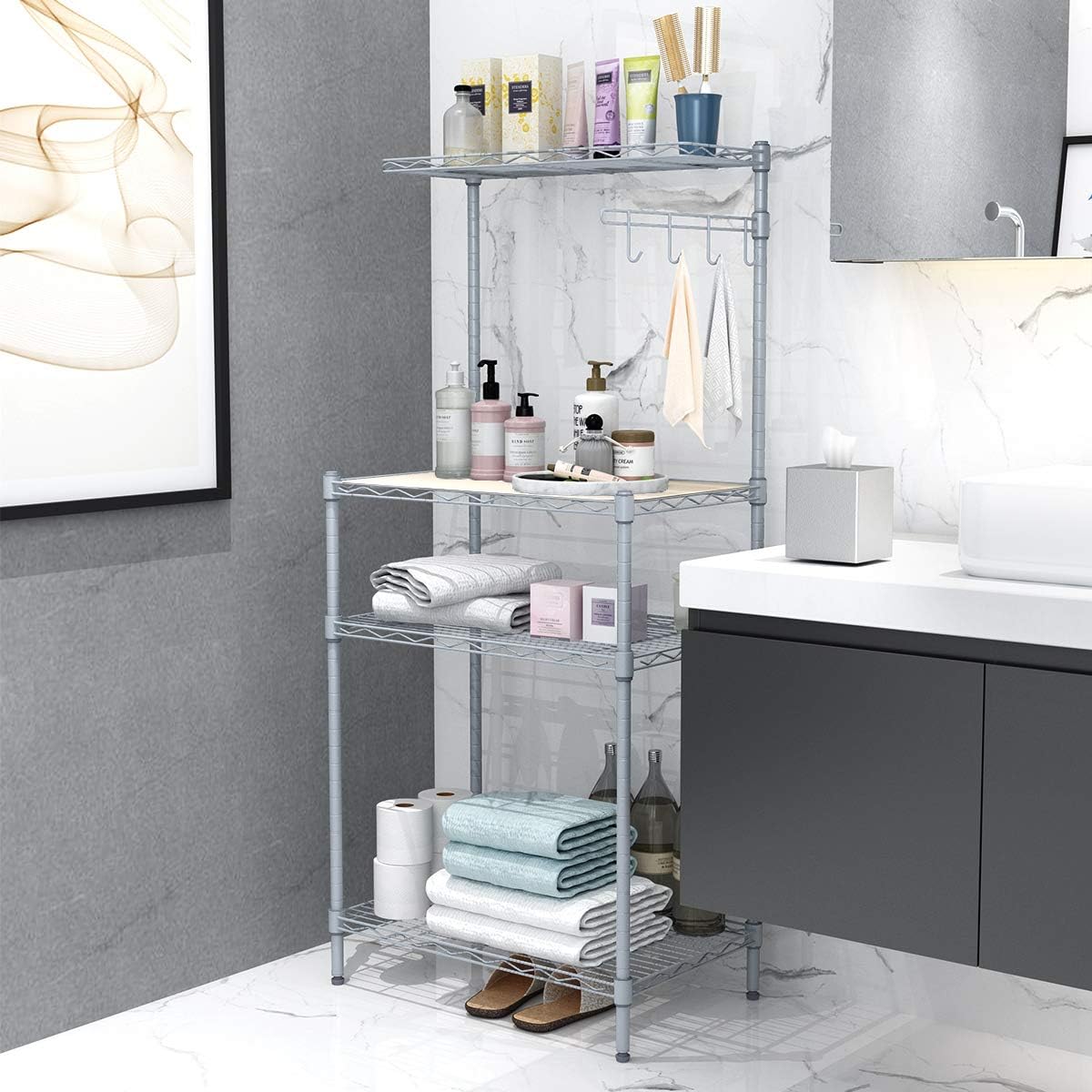 LANGRIA 3 Tier Microwave Stand Storage Rack, Kitchen Wire Shelving Microwave Oven Baker’s Rack with Spice Rack Organizer, Silver Grey - Standing Baker's Racks