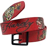 ED HARDY Men's 38mm Riveted Panther & Snake Print Studded Dual Prong Buckle Belt