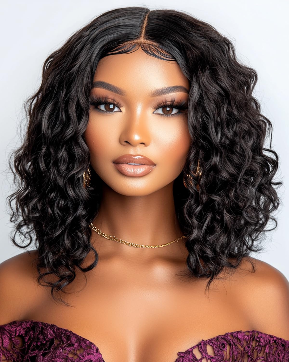 FASHION IDOL Short Curly Human Hair Bob Wigs for Women Wear and Go Deep Wave Lace Front Wig Middle Part Shouder Lenth Wig Pre plucked with Baby Hair Natural Black 150% Density