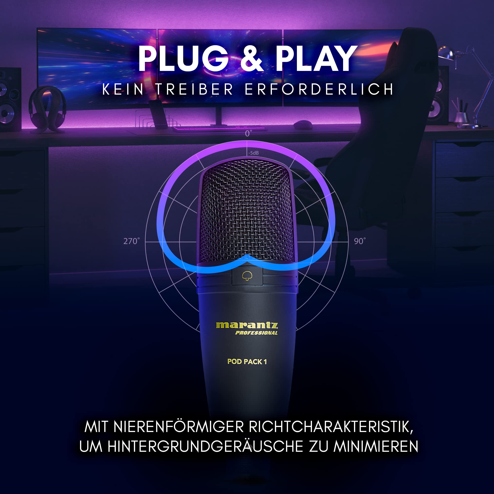 Marantz Professional Pod Pack 1 - USB Kondensator Mikrofon Kit für Gaming, Streaming und Podcasting mit integriertem Audio Interface, verstellbarem Mikrofonarm, Tischklemme, Plug-und-Play 5