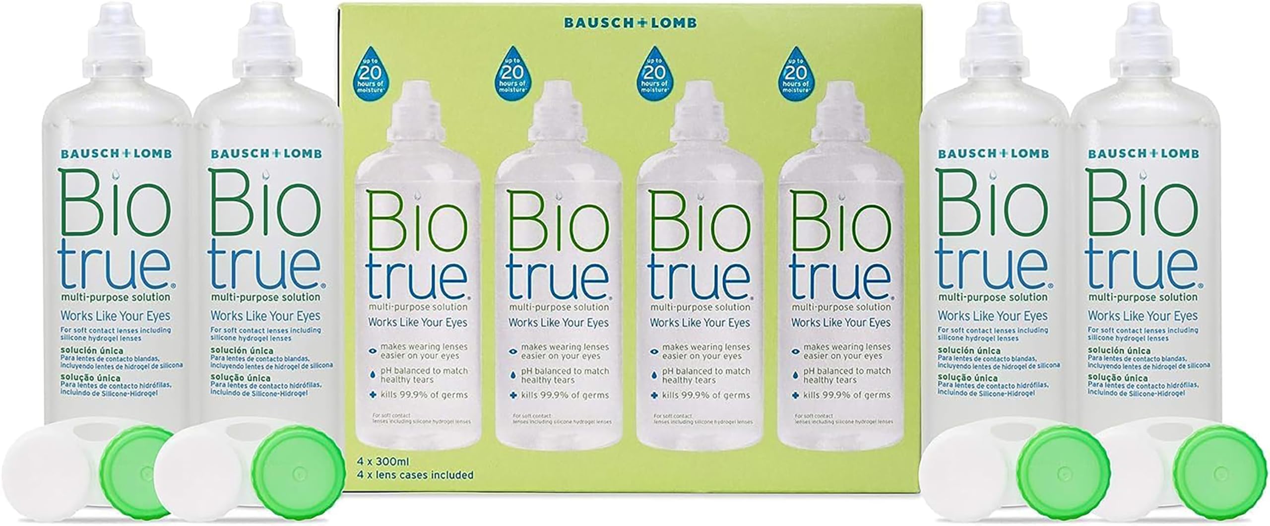 Biotrue Multi-Purpose Contact Lens Solution, 4 x 300 ml - Cushions and Rehydrates Soft Contact Lenses for Comfortable Wear - Condition, Clean, Remove Protein, Disinfect and Rinse - Includes Lens Case