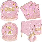 Miss Onederful Birthday Decorations - Pink Gold Party Plates, Napkins, Tablecloth, First Birthday Decorations Tableware for Baby Shower 1st Party Girls Supplies, Serve 20 Guests