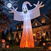 Bajree 12 FT Giant Halloween Inflatable Ghost, Outdoor Yard Decoration | Red Eyes & Flame-Effect LED Lights, Self-Inflating Blow Up Ghost with Blower, Stakes, Tethers and Sandbags for Yard Lawn