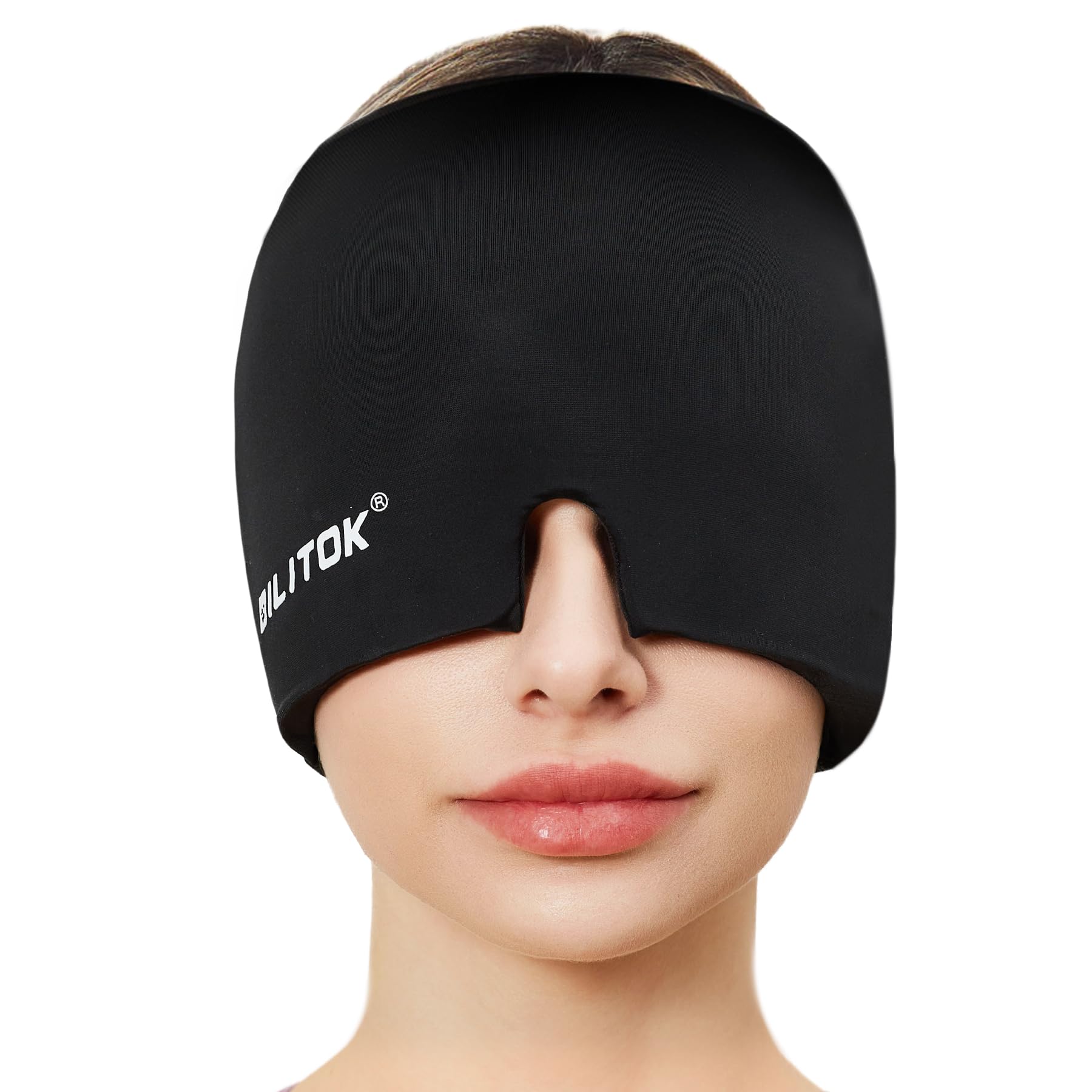 Photo 1 of EXQUISLIFE Migraine Headache Relief Cap, Gel Ice Head Wrap, Hot and Cold Therapy, Headache Eyes Mask for Sinus, Puffy Eyes, Tension and Stress Relief (Black)