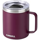 SUNWILL Travel Coffee Mug with Lid, Insulated Tumbler with Handle, 14 oz Stainless Steel Cup for Camping, Office, Home, Powder Coated Plum