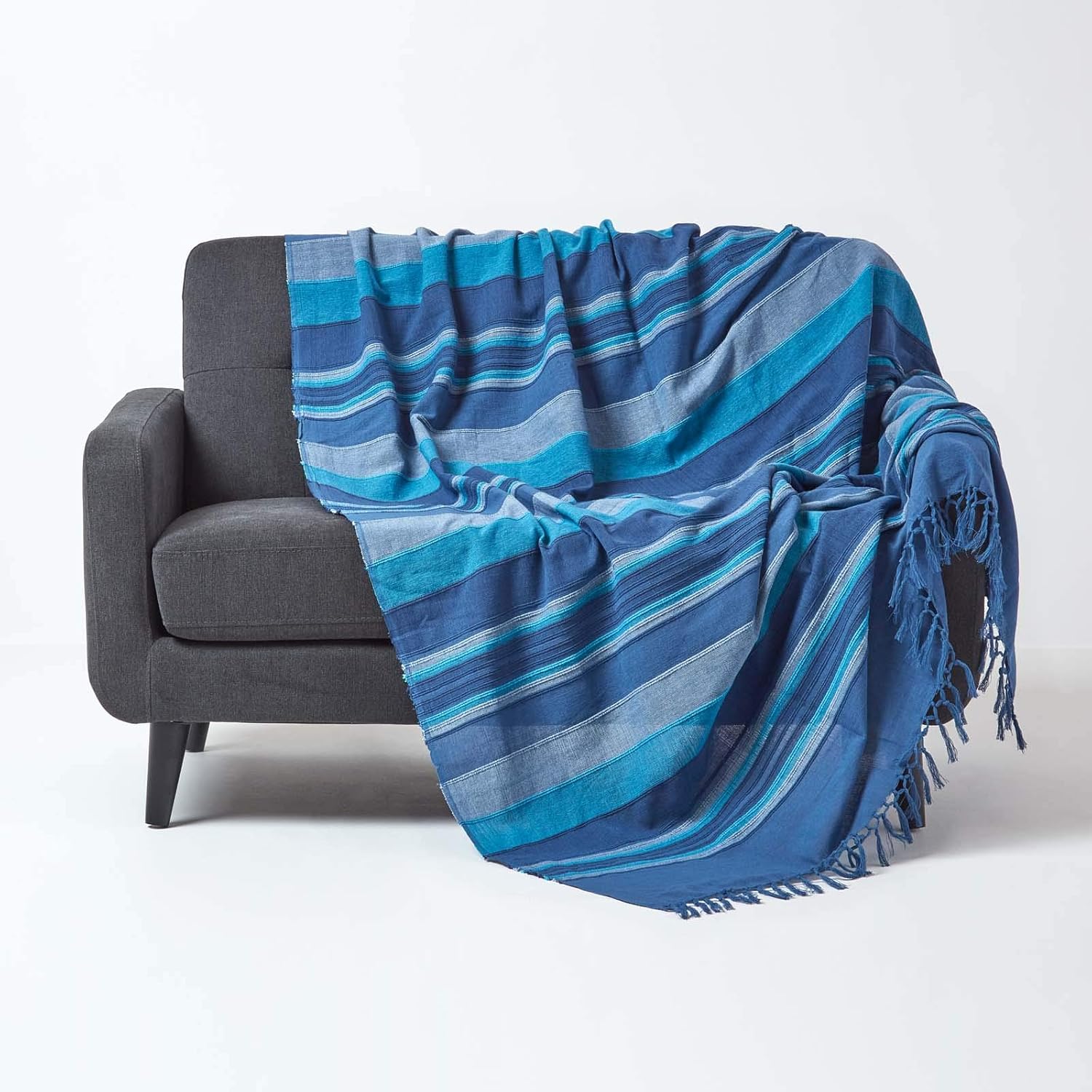 HOMESCAPES Extra Large Blue Throw “Morocco” Cotton Textured Stripe Throw 255 x 360 cm Bedspread